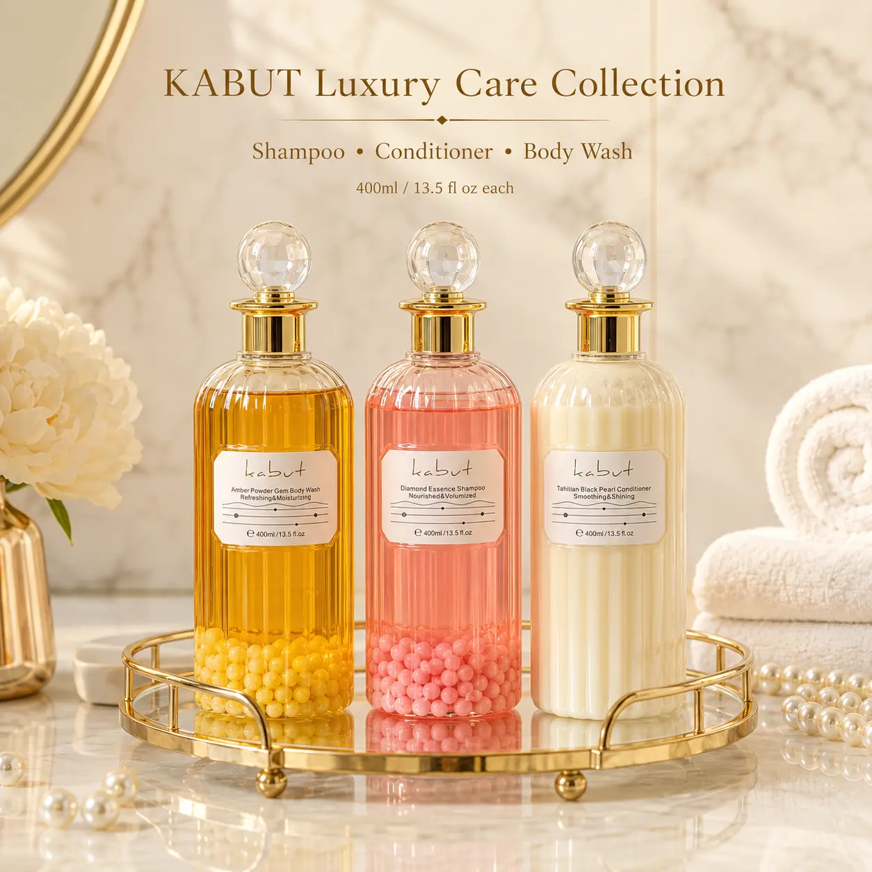 KABUT Premium Care Trio Bundle  - Amber Pink Gemstone Amino Acid Body Wash + Diamond Essence Shampoo + Tahitian Black Pearl Conditioner Smooth Cleansing Rejuvenating Set Cleanser