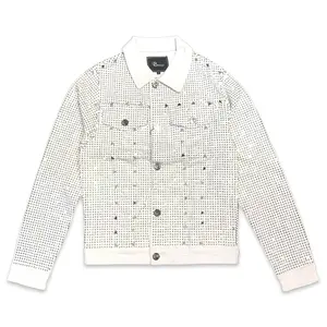 Barocco Men's White Fully Loaded Crystal Spiked Jean Jacket