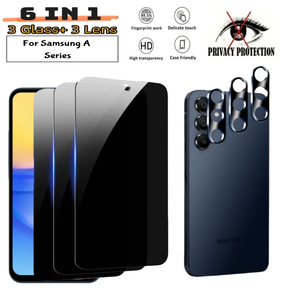 3+3 Pack Privacy Screen & Camera Protector, Protective Smartphone Accessories for Samsung Galaxy A36 A15 A23 A32 A56 A13 5G A14 5G A23 5G A34 5G A25 5G A35 A55 5G | 9H Tempered Glass Full Coverage | Anti-Spy & Anti-Fingerprint | Bubble-Free Installation
