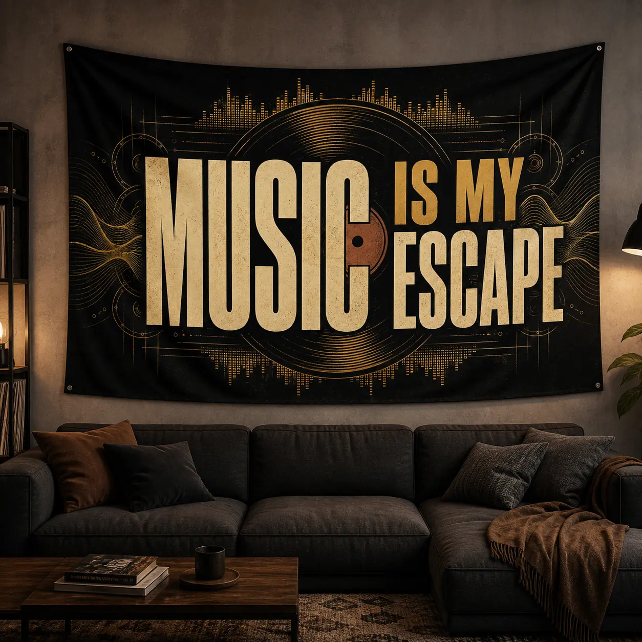 Music Is My Escape Tapestry, Lightweight Linen Fabric, Vintage Typography Wall Hanging for Music Room, Bedroom, Studio, College Dorm or Man Cave Decor