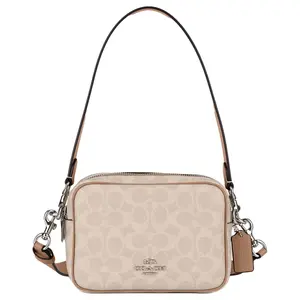 Coach Carey 19 Mini Camera Bag with Signature Monogram, Dual Zippers, and Detachable Handle for Women in Sand and Taupe