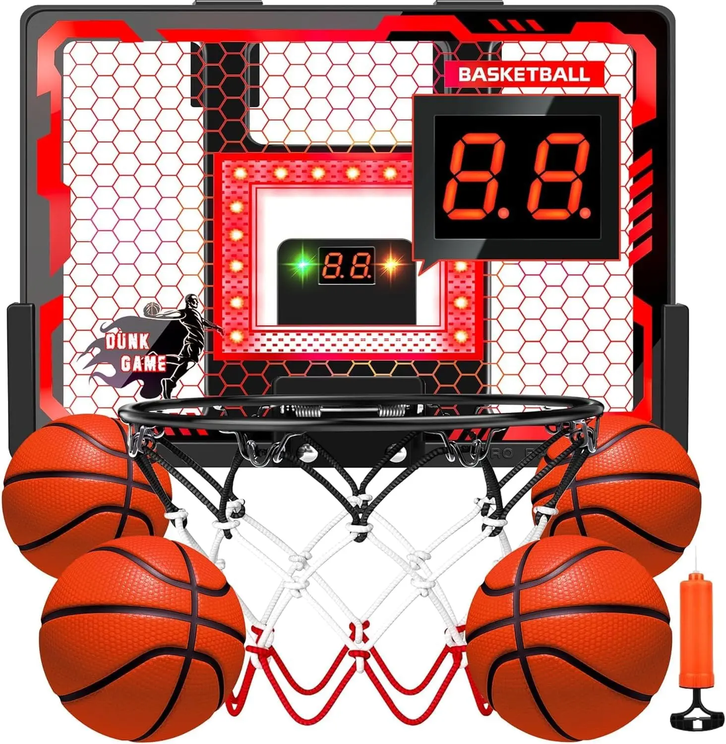 Indoor Basketball Hoop Pro for Kids, Over The Door Basketball Hoop Indoor with LED Light/Scoreboard/4 Balls- Upgraded Anti-Impact Backboard, Basketball Toys Gifts for 6 -12 Year Old Boys chain netBasketball backboard  easter basket basketball kid