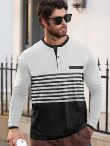 Men's color-blocked round-neck half-placket T-shirt, regular fit casual breathable long-sleeved T-shirt, and autumn casual top, suitable for outdoor daily wear, men's golf clothing.