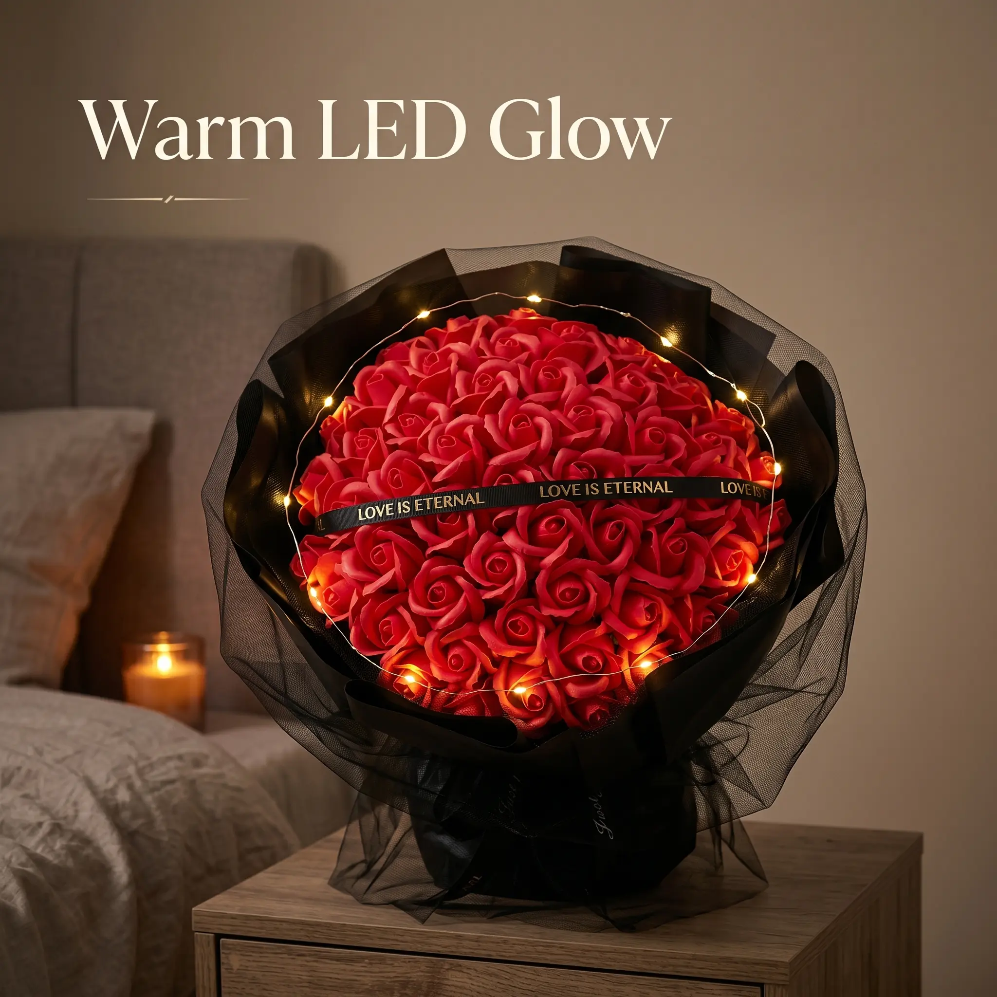 Forever Rose Bouquet 52 Pcs with Warm LED Glow | Luxury Scented Artificial Flowers for Wife Anniversary Gift
