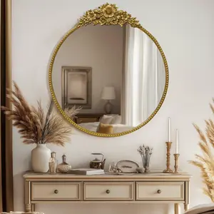 Elegant Gold Round Wall Mirror 28 Inch - Vintage Floral Frame Mirror for Entryway Bathroom Bedroom Living Room - Decorative Vintage Style Wall Mirror