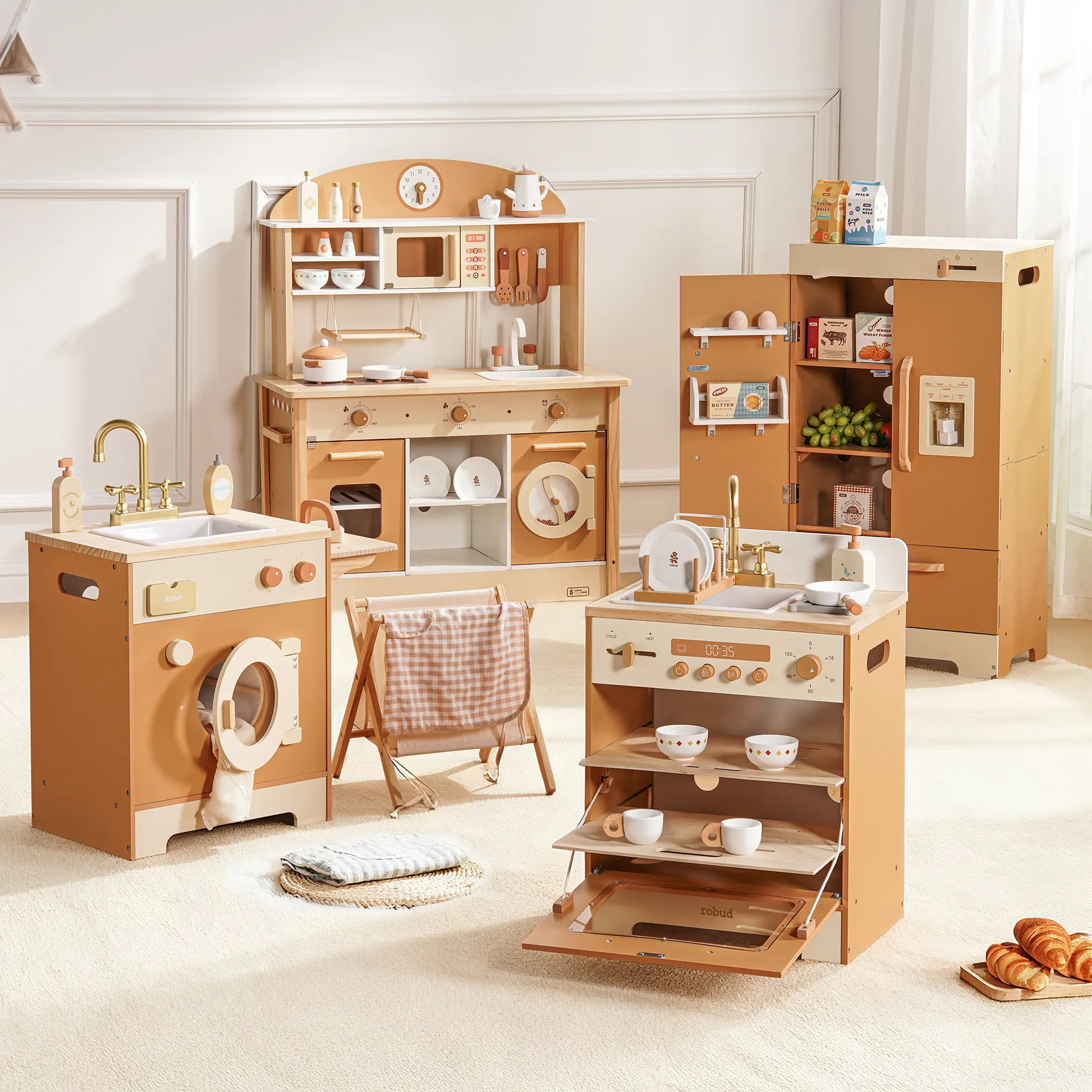 ROBUD Wooden Kids Kitchen PlaySet Series - Caramel, Kids Toy Kitchen Set with Realistic Design, Utensils, Ice Maker, Fridge, Oven, Washer, Modern Style Play Kitchen with Accessories, Ideal Gift for Boys & Girls