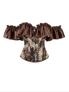 women's floral patchwork print off shoulder bustier shapewear top, lady retro fashionable ruffle boned corset top for daily wear, tummy control shaper for women, womenswear, clothes