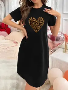 Soft & Slightly Stretchy Women's Nightgown Crew Neck Short Sleeve with Leopard-print heart Print Sexy Elegant Youthful Perfect Gift for Christmas Mother's Day Valentine’s Day and New Year sexy nightdress