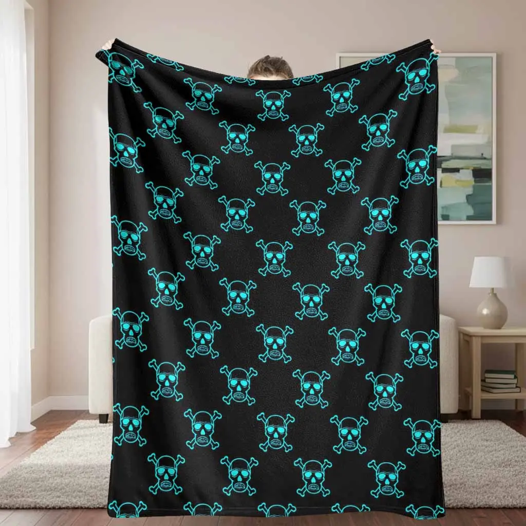 Gothic Skull Flannel Fleece Blanket Neon Cyan Skeleton Pattern Ultra Soft Lightweight Warm Plush Throw Perfect for Bed Sofa Couch Home Decor Holiday Gift Sleeping Camping Travel