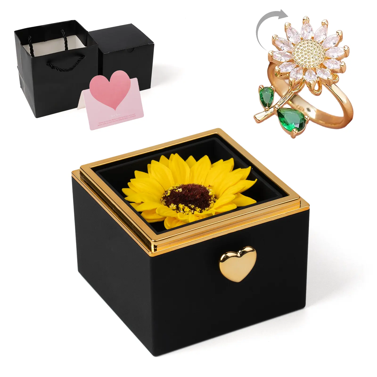 Sunflower Jewelry Gift Box Set – Necklace, Bracelet & Ring with Rotatable Clavicle Chain, Cute Artificial Sunflower Box, Perfect Mother’s Day Gift for Mom, Also for Wife & Girlfriend,Father's Day Gifts, Back-to-School Gifts