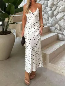 JADEE Elegant Dotted Silk Blend Plunging V Cut Cami Robe Beach Wedding Guest Attire Old Money