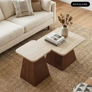 [Mother'sDayGift]DAYALANE Modern Miller Nesting Coffee Table Set Travertine or Cultured Marble Top with Walnut Base, Mid-Century Nesting Side Tables for Living Room