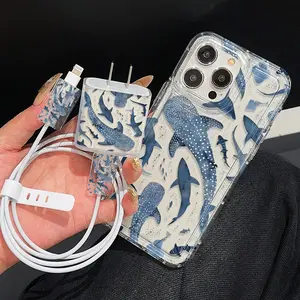5-Piece iPhone Case Set with Clear Airbag Whale Shark Full Screen, Charger Case, 2 Cable Holder Cases, and Silicone Cable Tie, Compatible with iPhone 11 to 15 Series