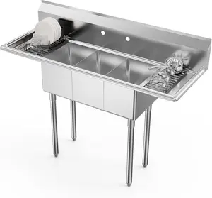 ROVSUN Commercial Sink, Stainless Steel Sink with 3 Compartment and 2 Sides Drain Rack, 20" x 54" x 43.5" Freestanding Utility Sink, Great for Restaurant Kitchen Laundry Room Garage Sunroom