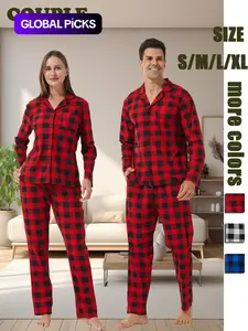 Couple's Plaid Print Button Front Pajama Two-piece Set, Casual Fit Comfy Long Sleeve Pocket Top & Elastic Waist Pants Pj Set, Couple's Sleepwear for Spring & Fall