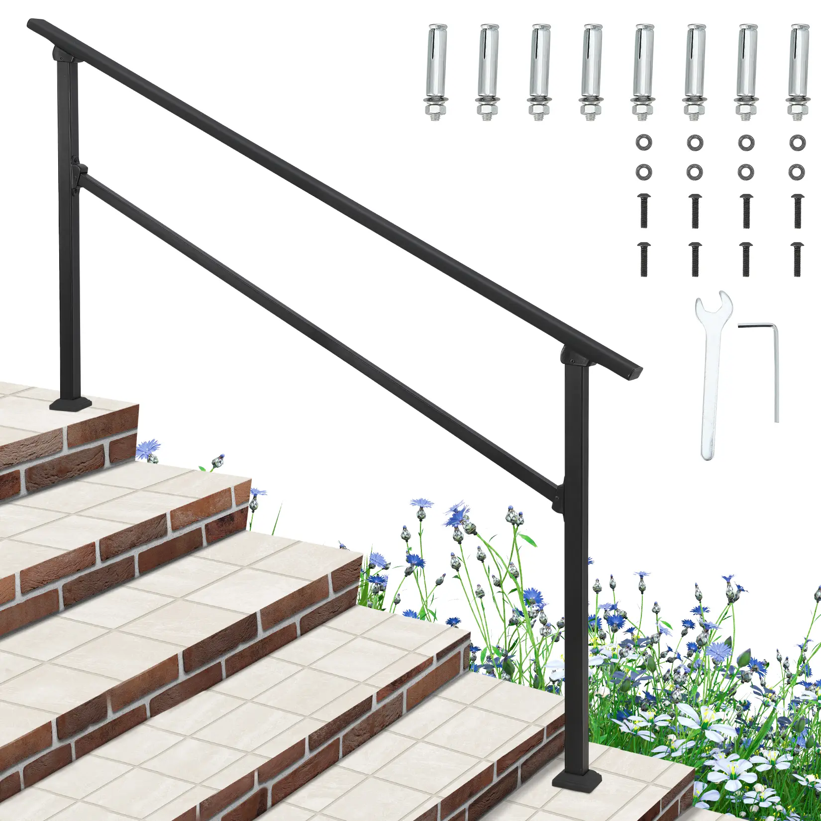 Heavy Duty Aluminum Adjustable Outdoor Stair Handrails for 1-5 Steps, Weatherproof Matte Black Exterior Rail with Installation Kit, DIY Easy Install for Concrete Wooden Porch Decks, Fitness for Everyone