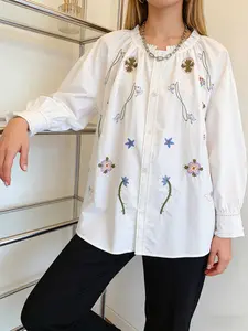 Elegant Embroidered Floral Shirt for Women, Long Sleeve Casual Top, Spring & Fall Fashion, Loose Fit, Stylish and Unique Design