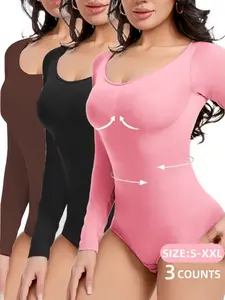 Women's Shapewear for Fall&Winter, Underwear, Ribbed Compression Abdomen Control Bodysuit, Long Sleeve Seamless T Shirt,Comfortable Scoop Neck Body Suit Stretchy Basic Tops, Fit Soft Elastic Fabric, Perfect For Daily Wear and  Going Out
