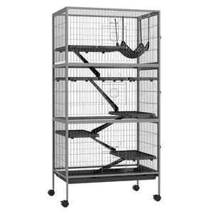 Ferret Cage 63" 6-Tier Small Animal Cage, Chinchilla Habitat with Hammock - Steel Wire, 6 Doors, Removable Tray, Gray Gray + Iron+Plastic