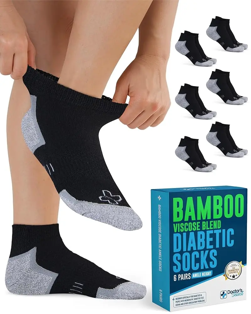 Pembrook Men's Bamboo Viscose Diabetic Ankle Socks - Non-Binding, Smooth, Stretchy, Loose, Breathable, Moisture-Wicking Daily Wear Sweat Wicking Socks (6 Pairs), Daily Wear Socks