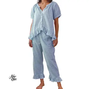 Versatile Soft 2025 Spring Women’s Plaid Pajama Set – Trendy Tie-Front Puff-Sleeve Top & Gingham Pants, Soft & Breathable for Lounging, Cute & Comfortable Sleepwear for Cozy Nights