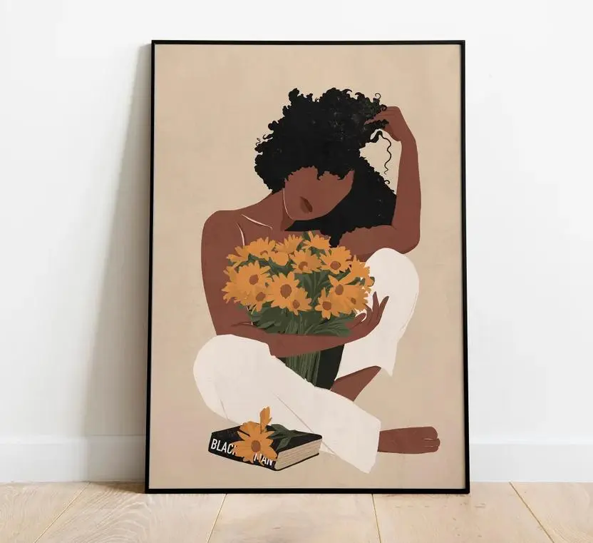 Black Girl With Flowers Wall Art, Sunflowers And Book Poster, Cozy Melanin Prints For Reading Nook Decor