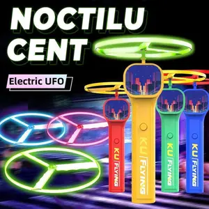 Rechargeable Flying Saucer Launcher with 6 Flying Spinnes, Luminous Electric Bamboo Dragonfly Flying Saucer, Portable Colorful Light Flying Saucer, Outdoor Play, Fun for Kids Ages 3+
