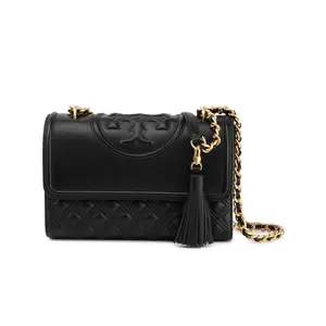 Tory Burch Fleming Quilted Leather Crossbody Bag with Tassel for Women in Black