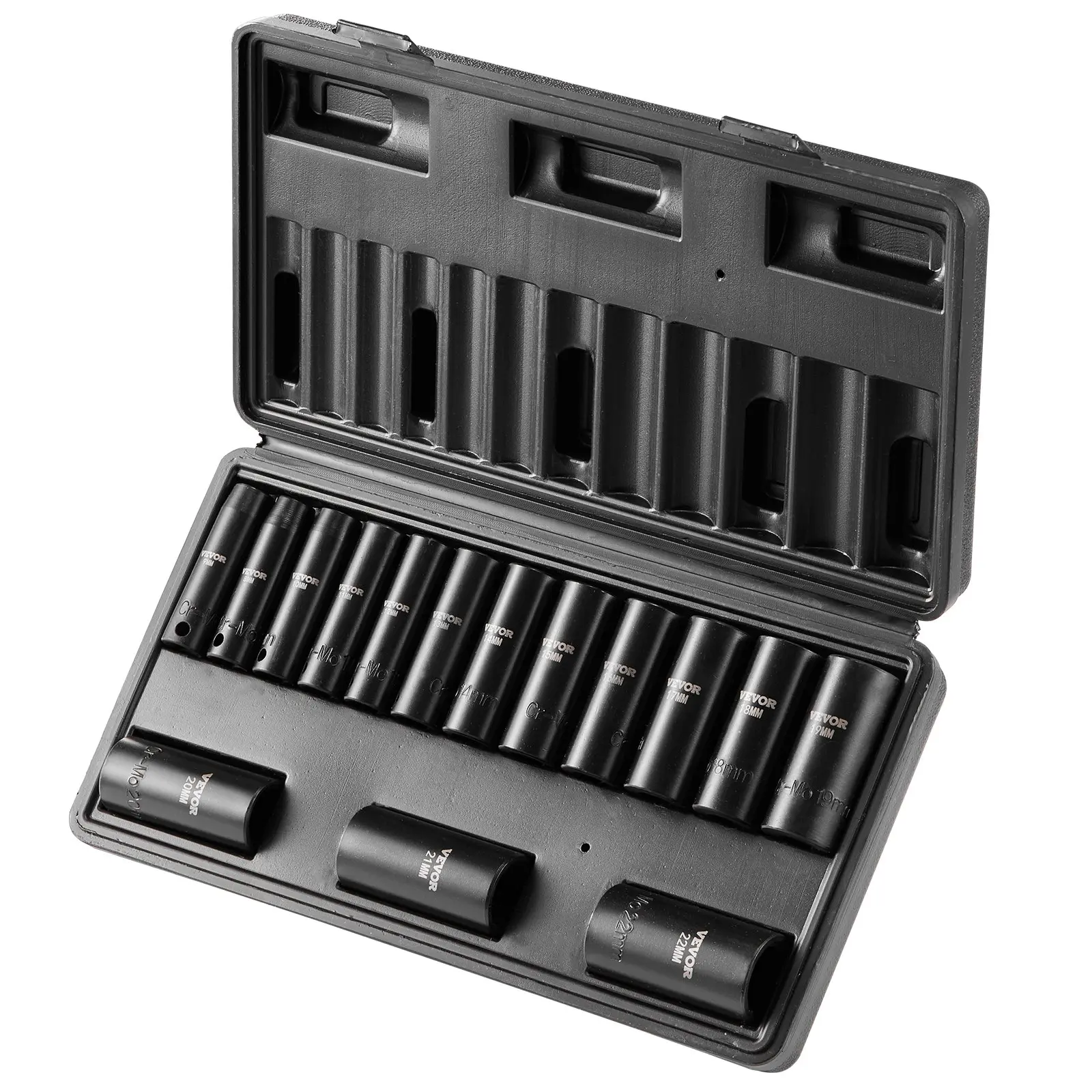 VEVOR 15pcs 3/8 inch CR-MO Metric Deep Hex Bit Socket Set - 8-22mm 6-Point Drive Socket Wrenches, Laser Etched Alloy Steel Impact Ratchet Tool Kit with Organizer Case for Mechanical Tasks, DIY Maintenance
