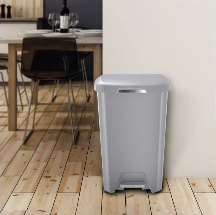 Hefty Household Kitchen Trash Can - 12.1 Gal Plastic Step Garbage Bin with Soft-Close Ft Pedal Lid, Gray (Trash Cans for Kitchen)