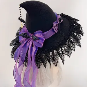 Halloween handmade dark demon bat gothic style witch lace witch hat witch witch hat headwear lace dressing props Party Event Props