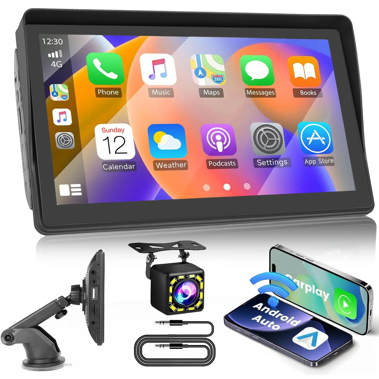 Summervibes 7-in Portable Wireless CarPlay Car Audio - Universal Fit Touchscreen Car Radio with Bluetooth, Android Auto, GPS Navigation, FM Transmitter, Hands-Free Calling, Backup Camera Compatibility