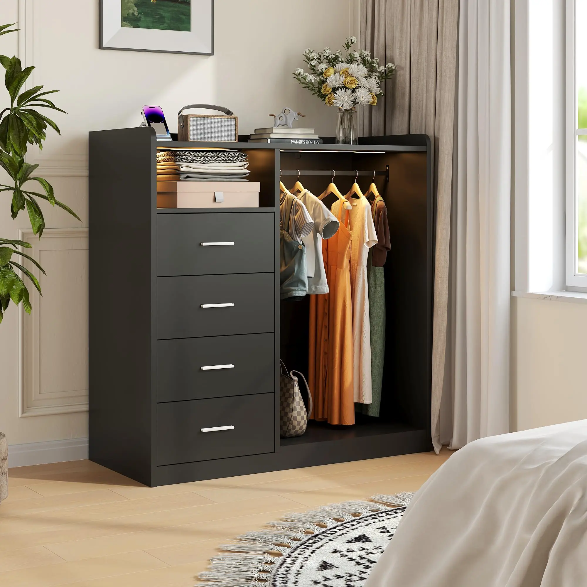4-Drawer Wardrobe, Storage Cabinet, Closet Organizer with Hanging Rack, LED Lights, Charging Station, Open Shelves - Large Bedroom & Living Room Storage, Black/White/Natural Wood
