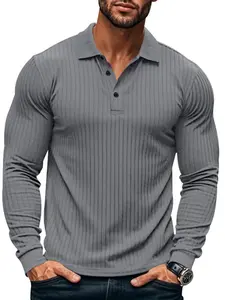 Men's Solid Color Polo Shirt, Regular Fit Casual Long Sleeve Collared Top for Spring & Fall, Fashion Masculine Men's Clothes for Daily Wear, Grey