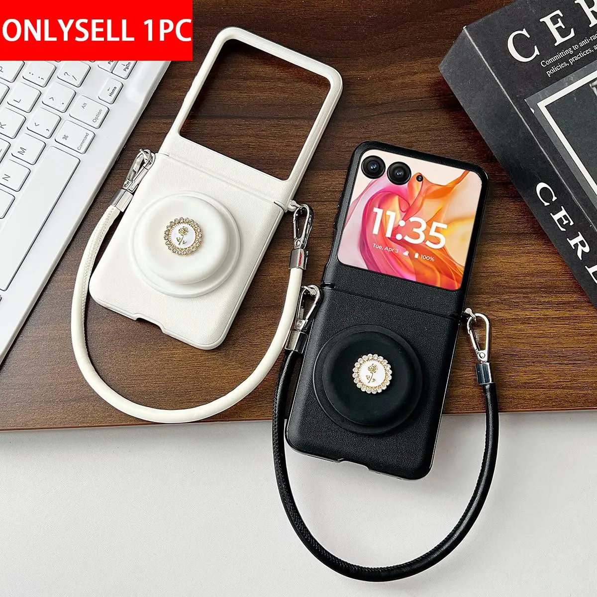 PU leather magnetic smartphone case, Protective, supporting wireless charging, equipped with a magnetic stand and a wrist strap, the hard PC back panel protects the phone case and is suitable for Motorola Razr 2024, Razr 2025, Razr 50, 60, Razr 60Ultra