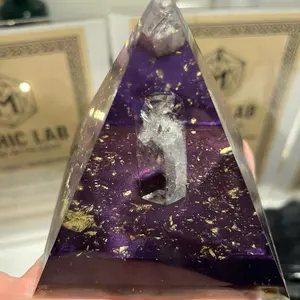 Large Lighted Orgonite Pyramid 4" & Mini Crystal Set – Handmade EMF Protection Kit, Meditation Altar Decor Knives