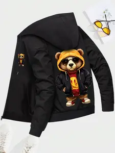 Spring and Autumn new men's coat bear pattern printing casual sports zip hooded windproof warm men's jacket clothes