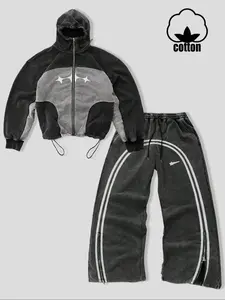 Men's Heavyweight Knit Geometric Fitted Hoodie Drawstring Zipper Jacket Set with Side Chain Striped Pants, Casual Long Sleeve for Daily Wear