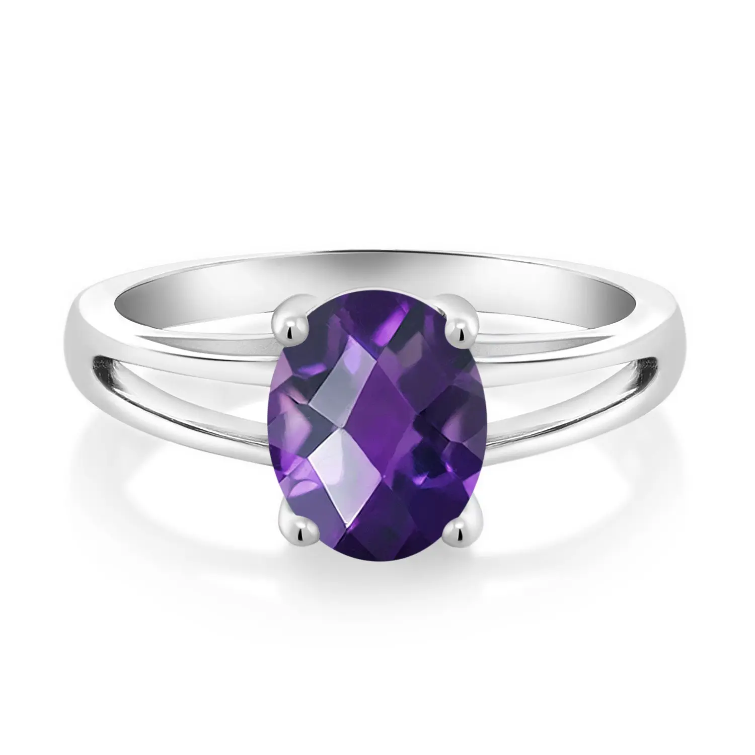 Gem Stone King 1.50 Ct Oval Checkerboard Purple Amethyst 925 Sterling Silver Solitaire Engagement Ring