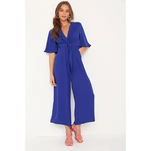Womens Wide Leg Jumpsuits Short Sleeve Tie Knot Front Summer Long Romper Fabric Lightweight Womenswear Chiffon Elegant Overalls Comfort Wideleg Basic Minimalist