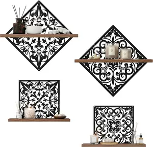 FNYDOX 2PCS Metal Carved Window Wall Decor with Wooden Shelf, Black Floating Shelves for Bathroom Wall, Kitchen Wall Decorative Shelves, Creative Shelf for Bathroom Accessories Organizers and Storage