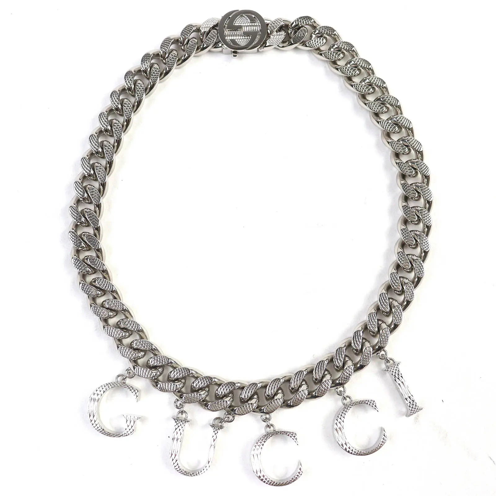 Pre-owned GUCCI Sterling Silver 925 (Ag925) Small Leather Goods Script Logo Interlocking G Necklace Accessories