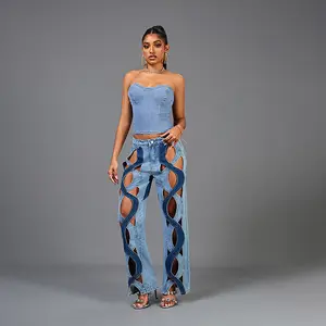 Denim Cut Out 2 Piece Set - Sleeveless Top and Matching Pants Ensemble for Casual Fashion Needs Modern Look