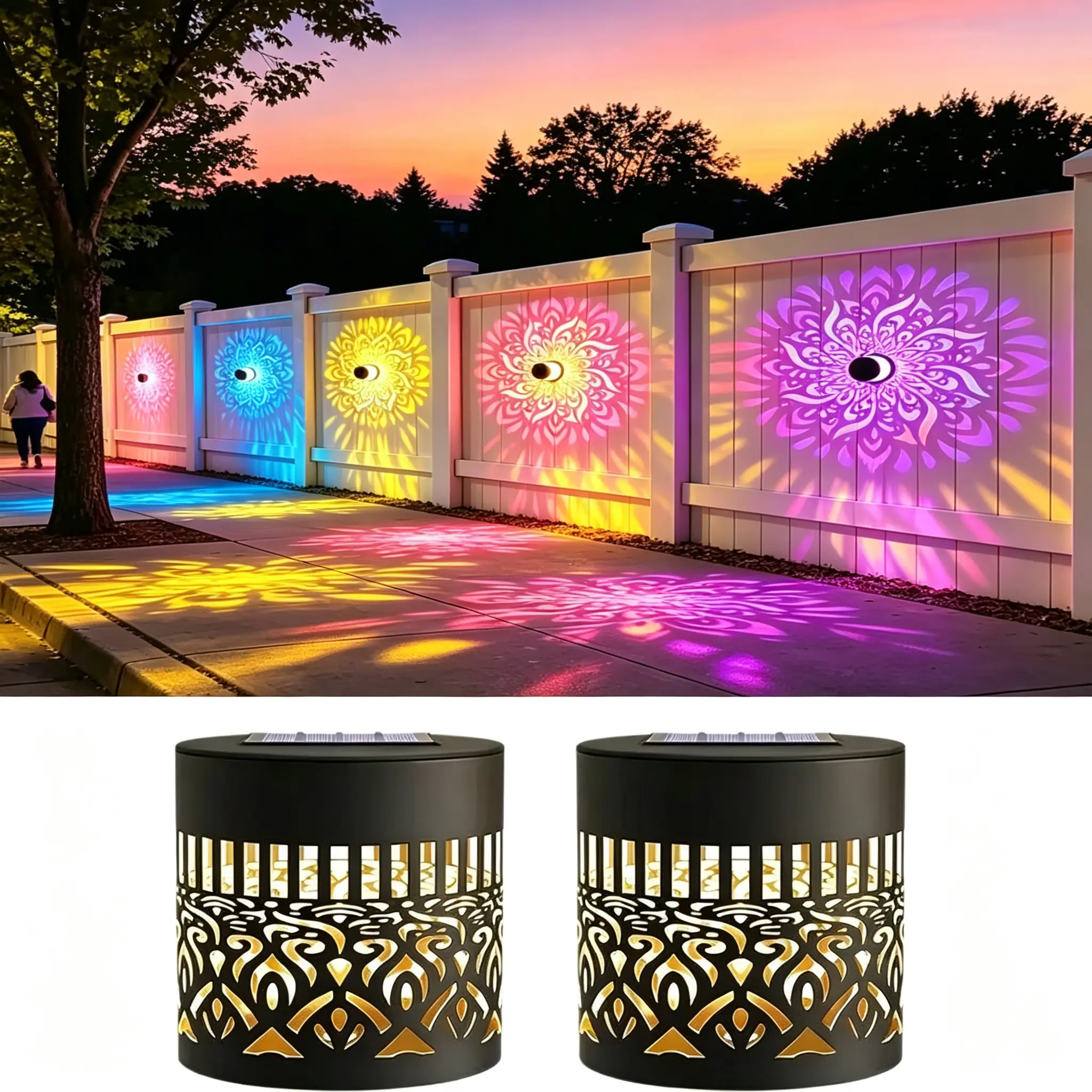 2-Pack RGB Color Changing Solar Mandala Projector Wall Lights, Waterproof Durable Metal Hangable Solar Fence Lights, Outdoor Decor Lighting for Garden Patio Backyard Courtyard Yard Post Ornaments