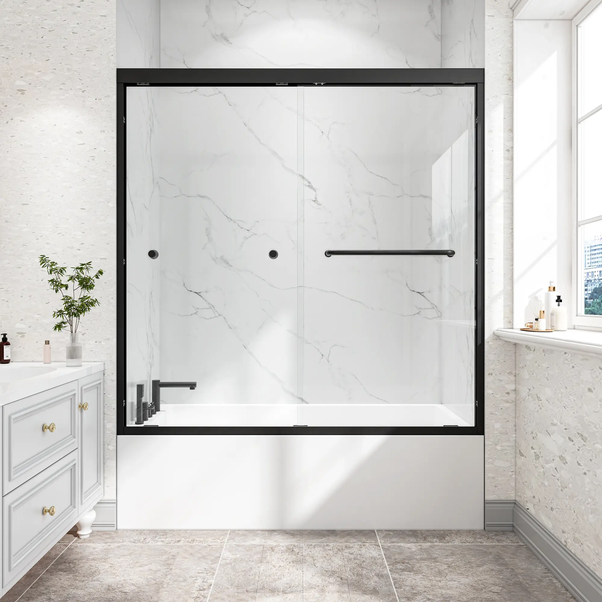 55-60" W x 60" H Frameless-Style Double Bypass Sliding Shower Door for Bathtub – Brushed Nickel Finish, 6mm Safety Tempered Glass + Explosion-Proof Nano Coating, Reversible Installation, Quiet Rollers, Rustproof Aluminium Frame