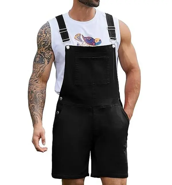Yuanbang Men's Plain Solid Stretchy Denim Work Jumpsuit Overall Shorts - Sleeveless Bib Coveralls with Zipper, Flexible Versatile Outdoor Casual Wear for BBQ Beach