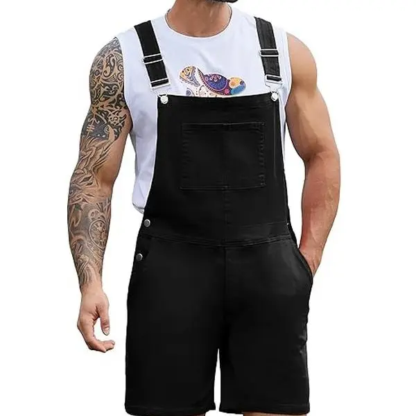 YUANBANG Men's Plain Solid Stretchy Denim Work Jumpsuit Overall Shorts - Sleeveless Bib Coveralls with Zipper, Flexible Versatile Outdoor Casual Wear for BBQ Beach