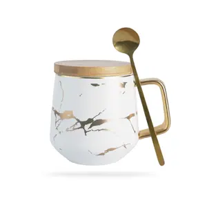W&S Classics Ceramic Kintsugi Style White Coffee Tea Mug with Gold Inlay Spoon and Bamboo Lid 12 OZ Large Mugs for Men and Women Dishwasher Safe Non-Customized Classic Drinkware Cup Reusable