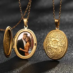 Women's personalized necklace, retro pattern oval openable photo frame photo box necklace, anniversary birthday gift