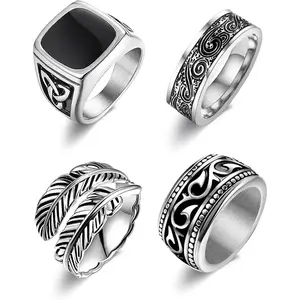 4 count Stainless Steel  Rings for Men Greek Signet Thumb  Open  Ring Retro Carving Celtic Band Rings  Biker Band Rings Set Edge Mens Rings